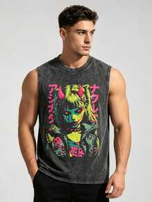 Men's Y2K Acid Wash Distressed Sleeveless Vest - Japanese Anime Demon Girl Graphic With Red Horns, Pink Kanji & 2017 Date Stamp, Super Soft & Breathable Gothic Streetwear Gift Independence Day Father's DayVS003-A - 黑色 - 查看 3