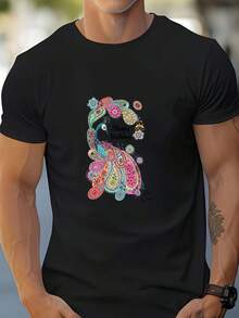 T-shirt d'été à col rond et manches courtes pour hommes, décontracté. Top confortable, respirant et léger avec un motif paon coloré et élégant, idéal pour le port quotidien, les loisirs en plein air et les rassemblements de week-end décontractés - Noir - Voir 6