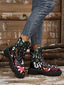 Girl's Fashionable Ankle Boots, Floral Lace-Up Unisex Ankle Boots, Combat Style Streetwear Boots - Black - View 6