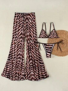 Polovedo Official, 2026 Summer New Style, Women's Elegant Beach Vacation Style, Brown Striped Print, Casual Bikini Set With Flared Pants, Suitable For Party, Gathering And Beach Vacation - Multicolor - View 4