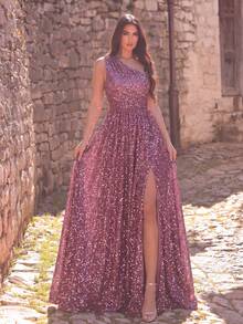 Faeriesty Elegant Women's Sleeveless Long Evening Gown, With Slit Hem And Sparkling Sequins For Luxurious Look, Suitable For Red Carpet, Charity Gala, Wedding, Luxury Party And Other Formal Occasions In Spring And Summer - Dusty Pink - View 3