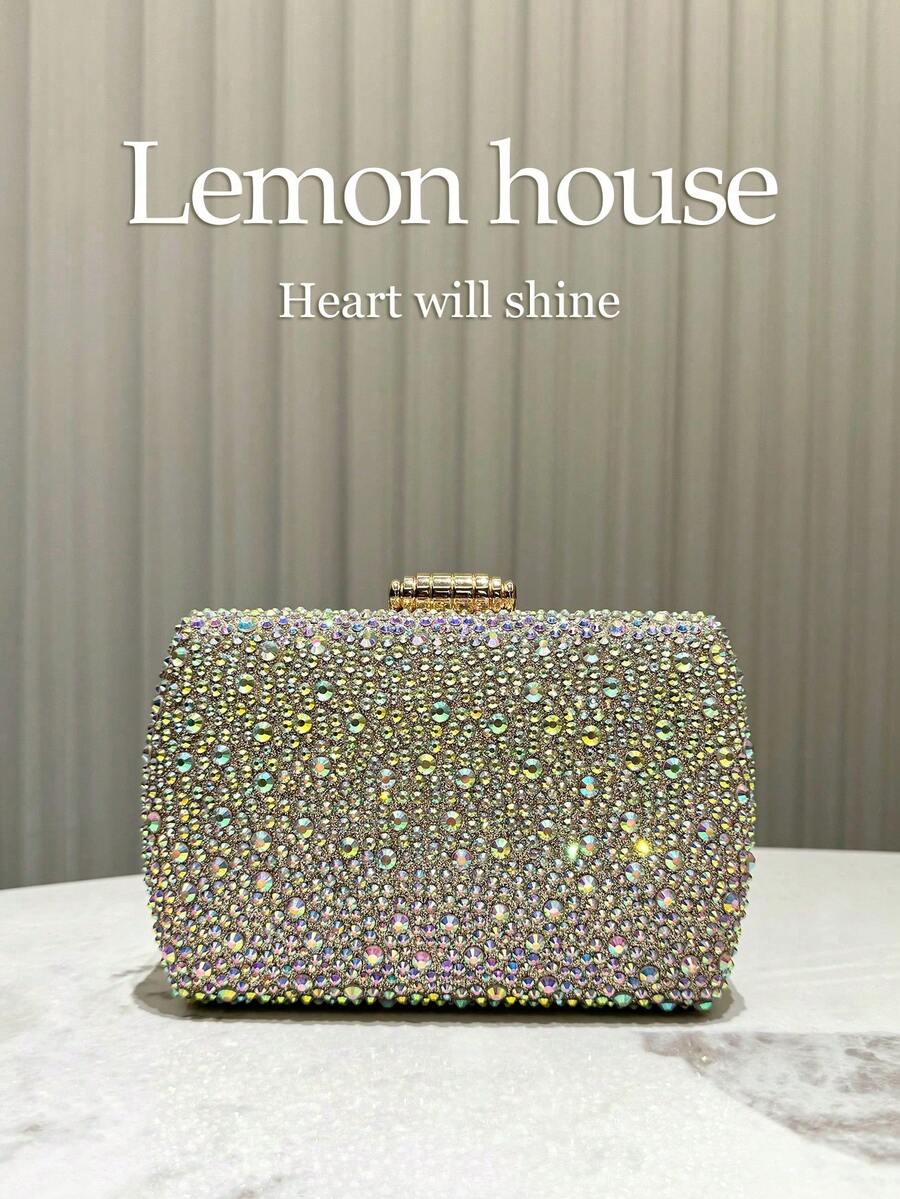 1 pieza Bolso de mano tipo clutch con adornos de strass de lujo, bolso elegante adecuado para vestidos, vestidos de gala, bodas, fiestas, celebraciones - Dorado - Ver 1