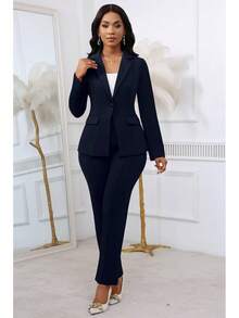 CALEBGAR Women's 2 Piece Blazer Outfit, Casual One Button Blazer Jacket & Long Sleeve Sexy Bodycon Pantsuit - 藏蓝色 - 查看 8