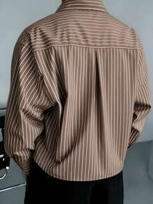 Camisa de manga corta a rayas casual/de oficina de solapa única para hombres - Marrón - Ver 4