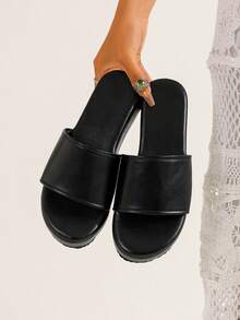 Women's Thick Sole Sandals, Summer Fashion Strap Wedge Sandals, Elegant Women's Thick Bottom Shoes For Outdoor, Holiday, Black Thick Bottom Lightweight EVA Sole Wedge Slippers - Black - View 4