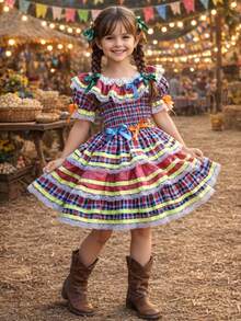 Children's And Teens' Country-Style Dress For June Festivals, Traditional Square Dances, Saint John's Day, Borboletinhas Kids - Pink - View 1