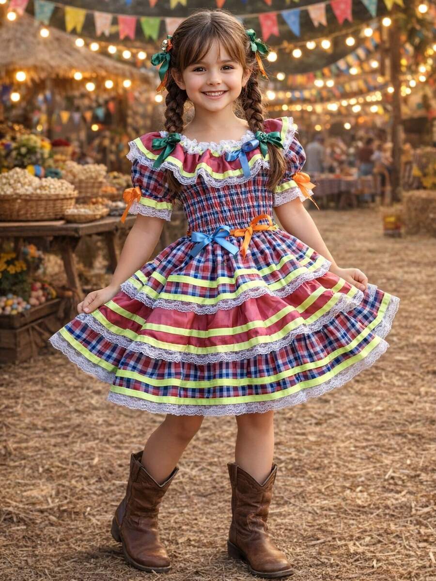 Children's And Teens' Country-Style Dress For June Festivals, Traditional Square Dances, Saint John's Day, Borboletinhas Kids - Pink - View 1