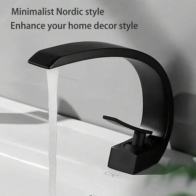 Matte Black Waterfall Faucet, Single Handle Cold And Hot Water Bathroom Faucet, Arched Artistic Design Bathroom Sink Faucet, Matte Black Craftsmanship Exudes High-Quality Feel, Waterfall Design Visually Appealing, Durable And Leak-Proof
