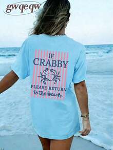 Women's If Crabby Please Return To The Beach Salty Graphic T-Shirt Double-Sided Print Oversized Casual Summer Tops Vacation Outfits Casual - 淺藍色 - 查看 4