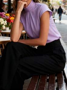 Women's Elegant Mandarin Collar Short Sleeve Blouse - Crisp White Satin-Like Fabric, Versatile For Work, Party, Spring/Summer/Autumn, Classic Solid Color, Crease-Resistant Design, Flattering - Mauve Purple - View 7