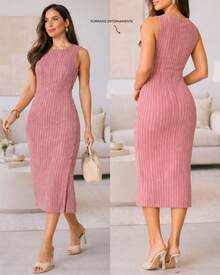 Classic Long Black Dress With A Round Neck, Pockets, And An Elegant Slit Design. - 條紋玫瑰 - 查看 2