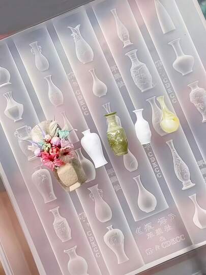 1 chiếc bình hoa gốm sứ trang nhã, khuôn làm móng nghệ thuật khắc 3D, khuôn trang trí móng bằng silicon trong suốt.