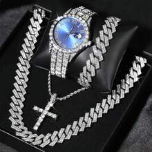 Bộ đồng hồ và trang sức phong cách Hip Hop: Mặt đồng hồ màu xanh dương với chữ số La Mã, vòng tay Cuban Link đính kim cương toàn bộ và dây chuyền hình thánh giá, bộ 4 món. Sang trọng và thời trang, hoàn hảo cho đi làm hàng ngày, dự tiệc, làm quà tặng, sinh nhật và Ngày của Cha (Không kèm hộp). - Nhiều màu - Xem 12