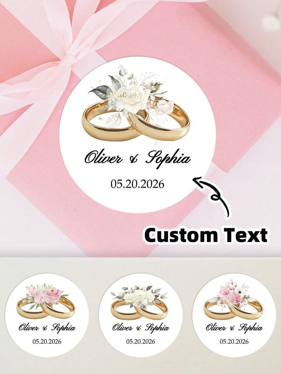 1-120张定制婚礼贴纸 - 定制婚礼标签、订婚贴纸、个性化结婚戒指图案贴纸、可定制姓名贴纸，防水防油材质，4种款式可选，完美适用于礼品标签、蛋糕盒、婚礼纪念品、婚礼礼品包装、派对装饰，浪漫温馨，粘性强，精致时尚，是送给情侣、丈夫、妻子、朋友、家人、新婚夫妇的理想礼物，非常适合婚礼季和订婚派对。 - 多色1 - 查看 1