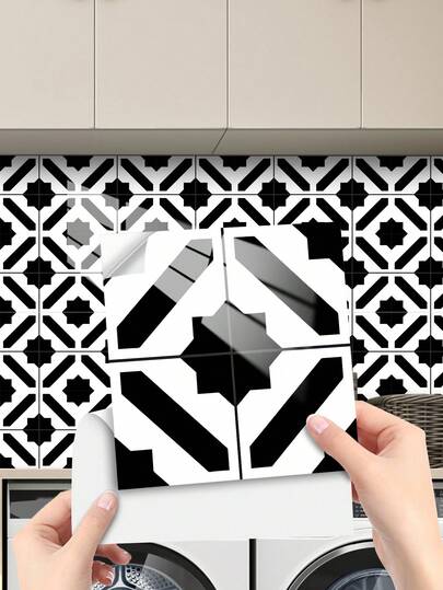 10 Pcs Set Self-Adhesive Removable Black White Geometric Patchwork Tile Kitchen Oil-Proof Stickers, Waterproof Oil-Proof Heat Resistant Modern Art Pattern Crystal Coating Craft, Fit For Full Wall Renovation Of Kitchen Balcony, Ins Black White Geometric Patchwork Tile Style Home Decor No-Nail Firm Installation, Holiday Gift Creative Kitchen And Bathroom Remodel Floral Tile Pattern Home Decoration