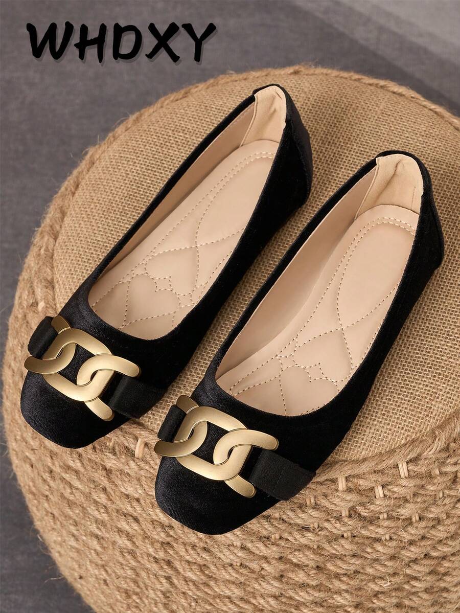 WHDXY 1 Paar Damen Quadratische Spitze Slip-On Schwarze Flache Schuhe Mit Metallschnalle, Weiche Sohle, Vielseitig Für Pendeln, Arbeit, Alltägliches Tragen, Dates, Frühling/Herbst - Graphitschwarz - Übersicht 1