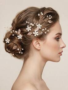 Bộ 7 kẹp tóc cô dâu hình hoa đính ngọc trai màu vàng hồng, phụ kiện tóc cưới đính pha lê. - Vàng - Xem 3