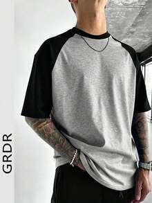 GRDR Men's Summer Raglan Colorblock Casual Retro American Style Round Neck Short Sleeve T-Shirt, Comfortable & Fashionable - Grey - View 4