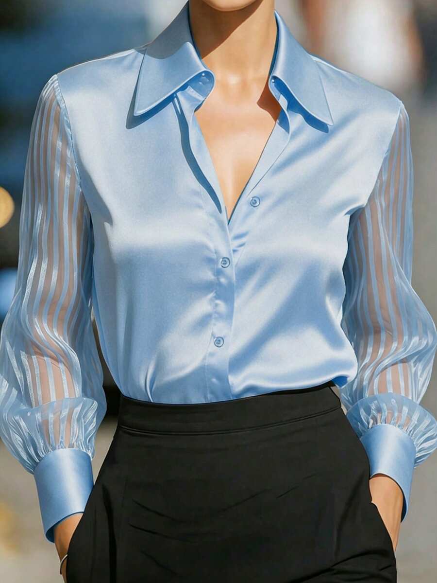 女款優雅素色緞面拼接透視袖上衣，適合辦公室、度假與日常假日穿著，淺藍色夏季款