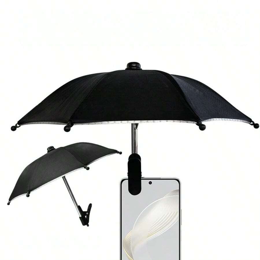 Clip de parasol pour téléphone portable, mini parasol pour téléphone, support avec clip pour tous les smartphones. Parasol pour téléphone portable pour l'extérieur avec petit clip, convient pour la plage, la photographie et l'utilisation en voiture. Conception de protection UV et anti-éblouissement. Veuillez vérifier attentivement la taille avant l'achat. - Voir 1