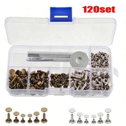 120/240/480 chiếc đinh tán kim loại đầu tròn hai đầu, thích hợp cho việc tự làm đồ da, túi xách, thắt lưng, quần áo, giày dép, vòng cổ thú cưng, dụng cụ sửa chữa.