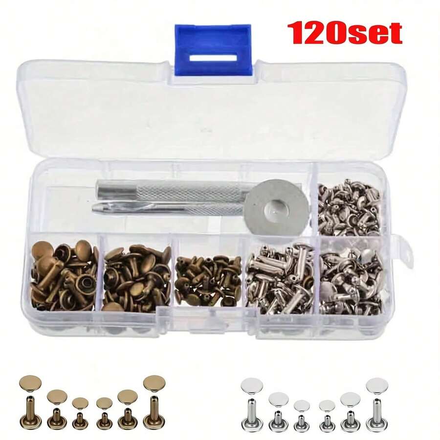 120/240/480 chiếc đinh tán kim loại đầu tròn hai đầu, thích hợp cho việc tự làm đồ da, túi xách, thắt lưng, quần áo, giày dép, vòng cổ thú cưng, dụng cụ sửa chữa. - 120 bộ - Xem 1