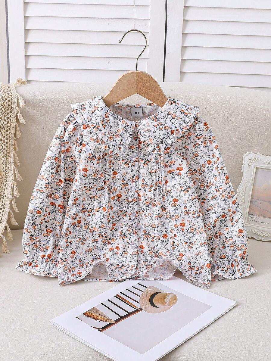 Young Girls Ruffled Collar Long Sleeve Casual Ditsy Floral Shirt, Summer - White - View 1