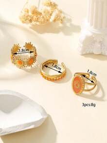 Bộ 3 chiếc nhẫn hở hình mặt trời màu cam, mạ vàng, làm từ thép không gỉ, thích hợp để phụ nữ đeo hàng ngày hoặc làm quà tặng. - Vàng - Xem 3