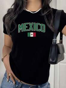 Estampado con la palabra Mexico en letras verdes y bandera nacional que simboliza orgullo y identidad 100% algodón camiseta para mujer casual cómoda - Negro - Ver 8