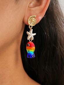 1对度假风玻璃贝壳、海星、鱼形耳钉，独特优雅女士耳环 - 彩色 - 查看 4