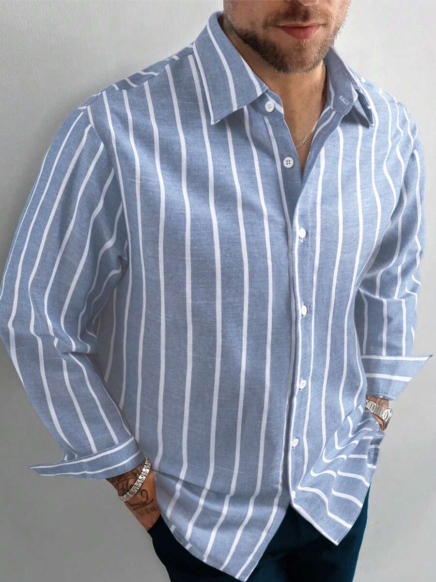 GloMan 男士亚麻衬衫，宽松版型 | 复古条纹领衬衫，透气轻盈长袖上衣，适合度假、办公、休闲穿着，是送给男友的绝佳礼物，蓝白衬衫 - 霧霾藍 - 查看 1