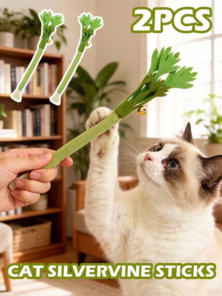 天然猫咪洁齿棒 - 适合成猫和幼猫的洁齿棒。逼真的芹菜造型猫玩具，带铃铛，有机磨牙棒，毛毡互动逗猫棒，猫咪用品，猫咪礼物。促进牙齿健康，天然耐用。适合室内外玩耍和训练。送给猫主人的绝佳礼物。
