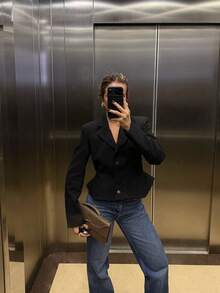女款優雅荷葉邊下擺西裝外套，長袖職場女性春秋外套 - 黑色 - 查看 5