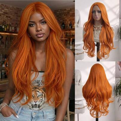 Body Wave Hair Wig Orange Color Canter Parting Wigs No Bangs Wigs 26 Inch Long Synthetic Wig 26 Inch Long High-Temperature Fiber Wig - Orange Curly Wavy Middle Part Wig For Women -Synthetic Hair, Ideal For Cosplay And Daily Use Suitable For Ladies And Girls, Daily Parties, Halloween Fashion Wig High Quality For Women Natural Looking Good Quality Synthetic Soft Beginner Friendly Wigs High-Temperature Fiber Wig Made For Everyday Party Use