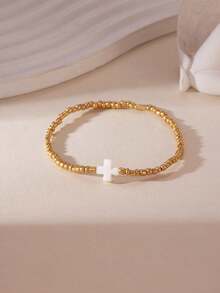 1pc Handmade Beaded Bracelet With Cross, Heart, Flower Elements, Elastic Cord, Minimalist Daily Wear Accessory For Women - Multicolor - View 3