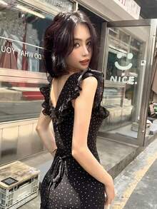 [Y6Y] Đầm maxi dáng chữ A bằng chiffon chấm bi thanh lịch, tay ngắn xếp nếp, cổ vuông, chân váy xòe. - màu đen - Xem 13