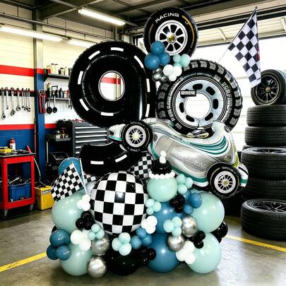 1 Set Cool Racing Car Themed Balloon Column Kit, Includes Large Black Number Balloons, Realistic Tire Shaped Balloons, Racing Car Decor Balloons, And Black & White Checkered Balloons, Suitable For Son's Birthday Surprise Gift, Children's Racing Party Decor, Boy's Car Lover Birthday Photo Backdrop, Parent-Child Racing Theme Party Decoration