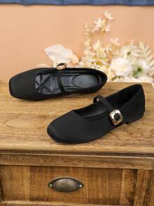 Retro Square Toe Mary Jane Shoes, Strap Flat Shoes For Dress - Black Velvet - View 6