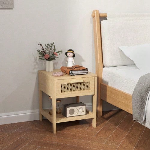 Bedside Table, Side Table, Natural Nightstand With Drawer And Open Shelf, Rattan Design, Natural Finish, 40 X 40 X 48.4 Cm - Natural Wood Color - View 1