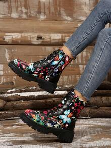 Girl's Fashionable Ankle Boots, Floral Lace-Up Unisex Ankle Boots, Combat Style Streetwear Boots - Black - View 1