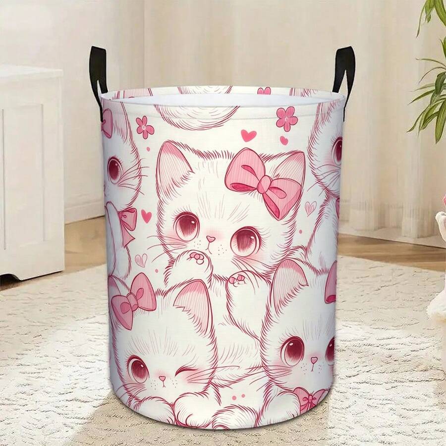 1 pieza Cesta de lavandería con lazo rosa lindo de gato, caja de almacenamiento plegable, organizador lindo de ropa y juguetes de gatito de dibujos animados - Rosa - Ver 1