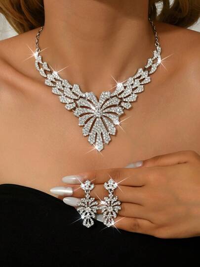 3件套夸张时尚水晶项链耳环套装，金属全镶钻，适合新娘婚纱、晚礼服配饰