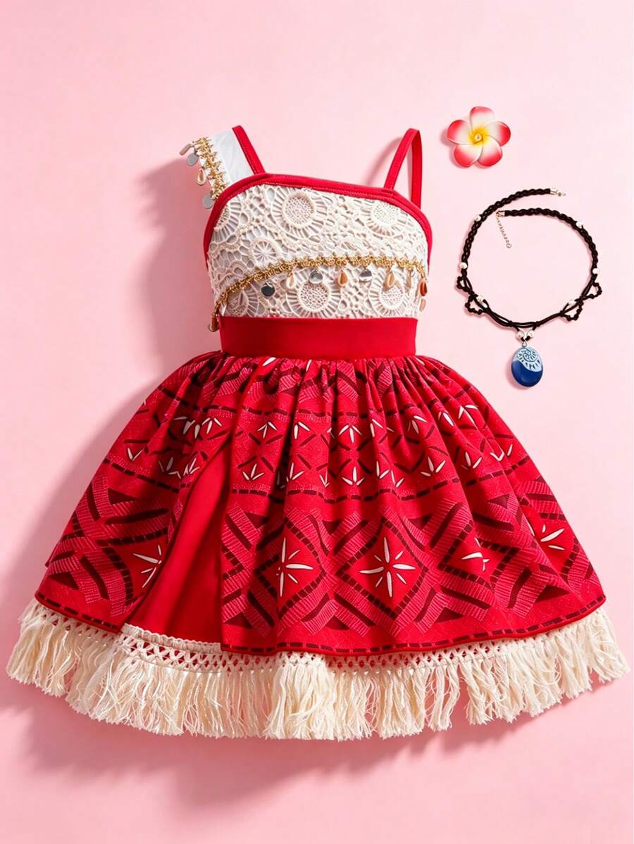 Vestido de princesa de aventura para niñas, adecuado para fiestas de cumpleaños de niñas, con flecos, incluye collar y pinza para el cabello - Rojo - Ver 1