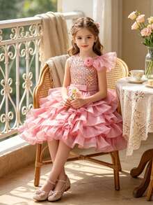 少女夏季优雅亮片撞色网纱连衣裙，花童生日派对走秀钢琴演奏会晚礼服 - 藕粉色 - 查看 4