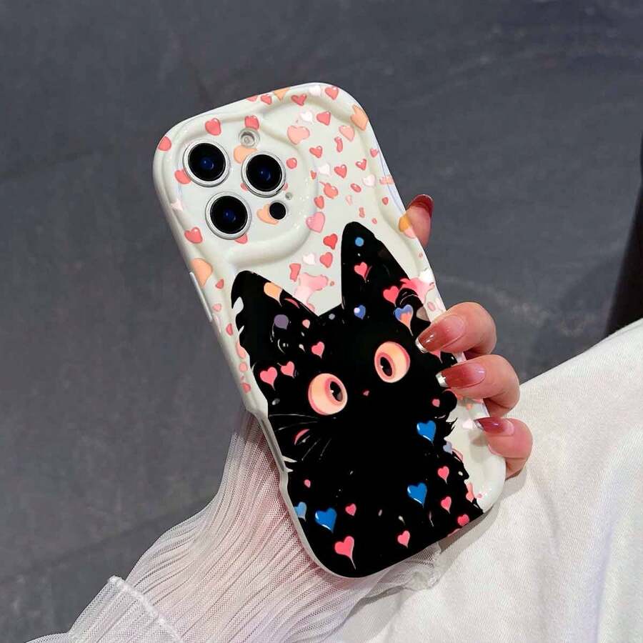 1pc Cute TPU Material Heart-Eyed Black Cat & Cream Swirl Pattern Thick Anti-Fall Precise Cutout Lens Protection Shockproof Phone Case, Compatible With Iphone/ Galaxy/Transsion, Fashionable & Minimalist Design For Men And Women - White - View 1