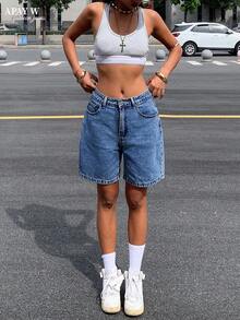 Women's Casual Bermuda Denim Shorts With Pockets Summer - Dark Wash - View 2