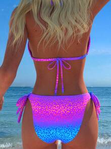 Bộ bikini hai màu thời trang, gợi cảm, họa tiết da báo và sao biển, kiểu buộc dây bên hông, cổ yếm, thích hợp cho nữ, đi biển, tiệc bể bơi và kỳ nghỉ. - Màu xanh lam - Xem 2