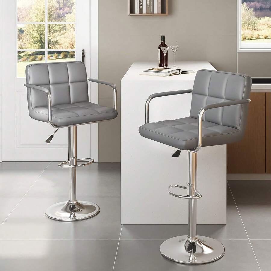 Jooli H Modern Bar Stools Set Of 2, PU Leather Breakfast Barstools With Adjustable Swivel Gas Lift And Footrest Base For Kitchen, Counter, Breakfast Bar - Gray With Armrests - View 1