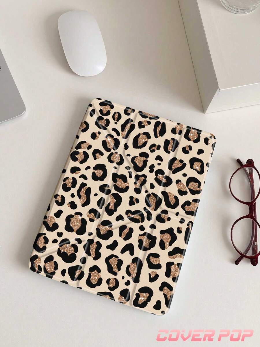 1pc Beige Glitter Leopard Print Double-Sided Acrylic Transparent Crystal Tablet Case Compatible With IPad Air 8 (M4) 2026 (11 Inch)/2026 (13 Inch), 11 (2025/10.9 Inch)/Air 4/5/6/7 (2025/10.2 Inch)/Pro 11/10th/9.7/10.5 Inch, Galaxy Tab A9. Features Sleep/Wake Function And Multi-Angle Foldable Stand, Providing Perfect Protection For Daily Use, Ideal Holiday Gift. Fashionable Minimalist Leopard Print Design.