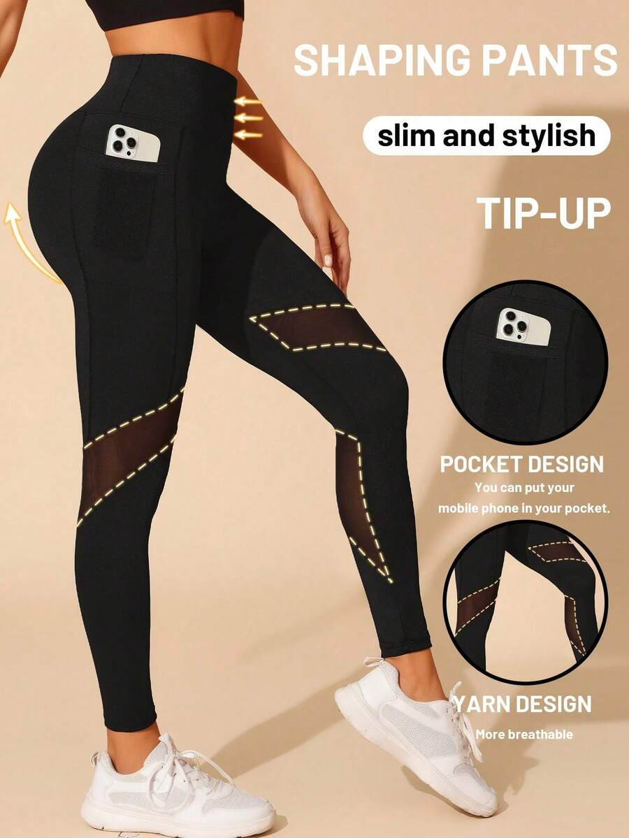 1 chiếc quần legging lửng 3/4 thể thao năng động, thiết kế lưới thoáng khí, thích hợp cho mùa xuân/hè, có túi bên hông. - màu đen - Xem 1